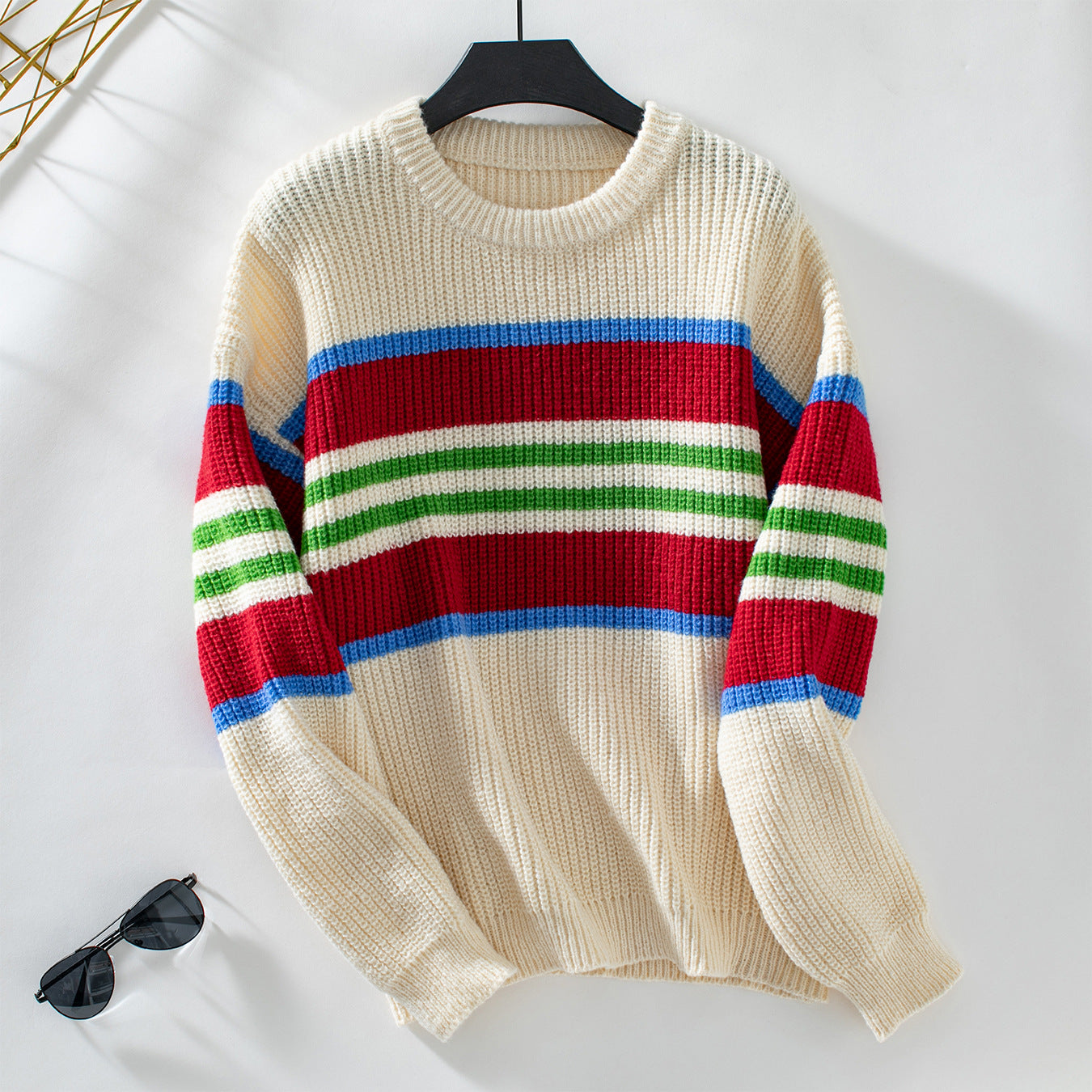 Damen lockerer Strickpullover mit buntem Blockstreifen und Rundhalsausschnitt Sovae