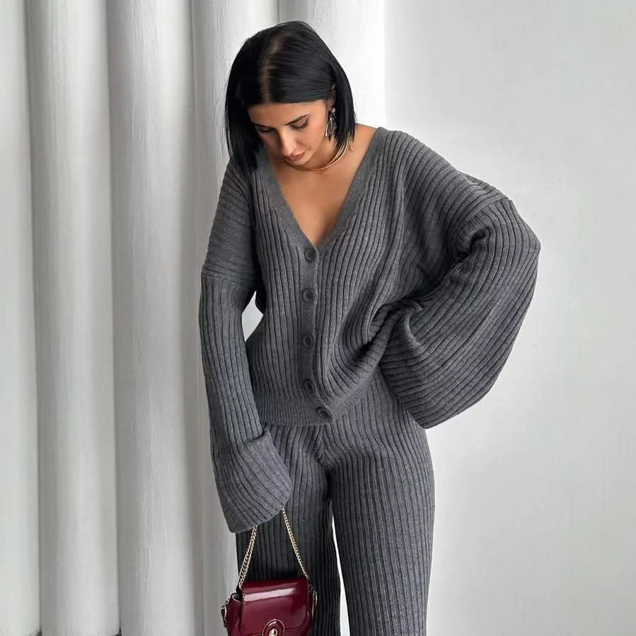 Damen lässiges Strick-Loungewear-Set mit Knopfleiste und weitem Schnitt Sovae