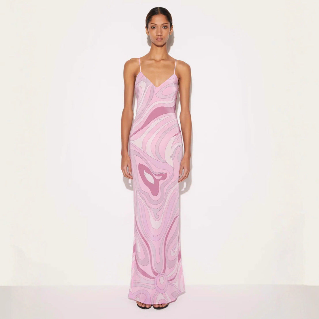 Damen Maxikleid mit schmalen Spaghettiträgern und elegantem V-Ausschnitt Sovae