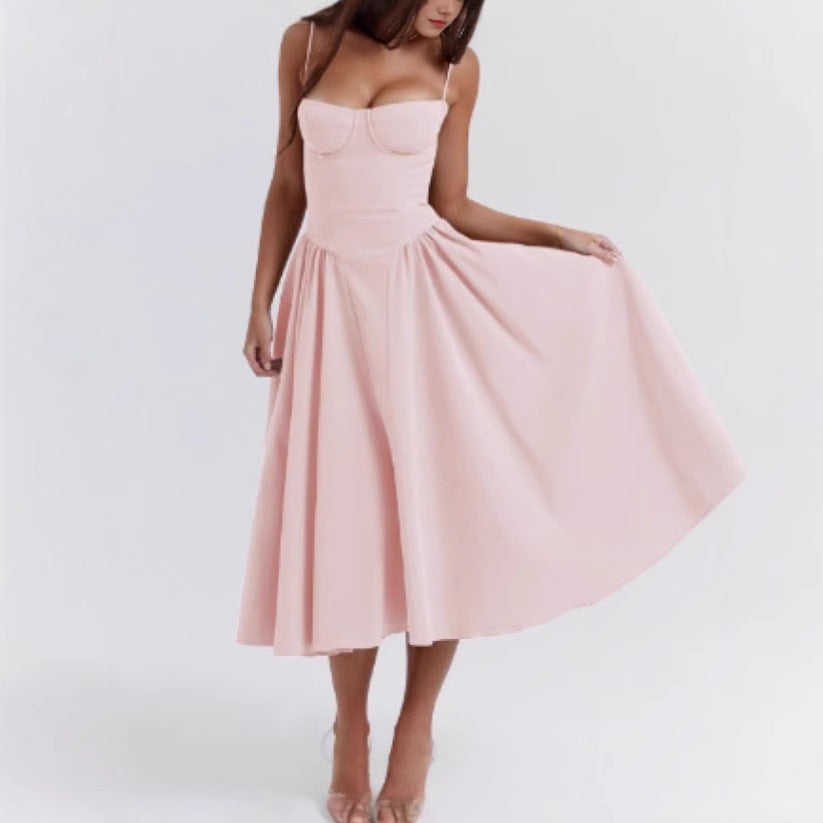 Damen Midikleid mit trägerlosem Design und voluminösem Faltenrock Sovae