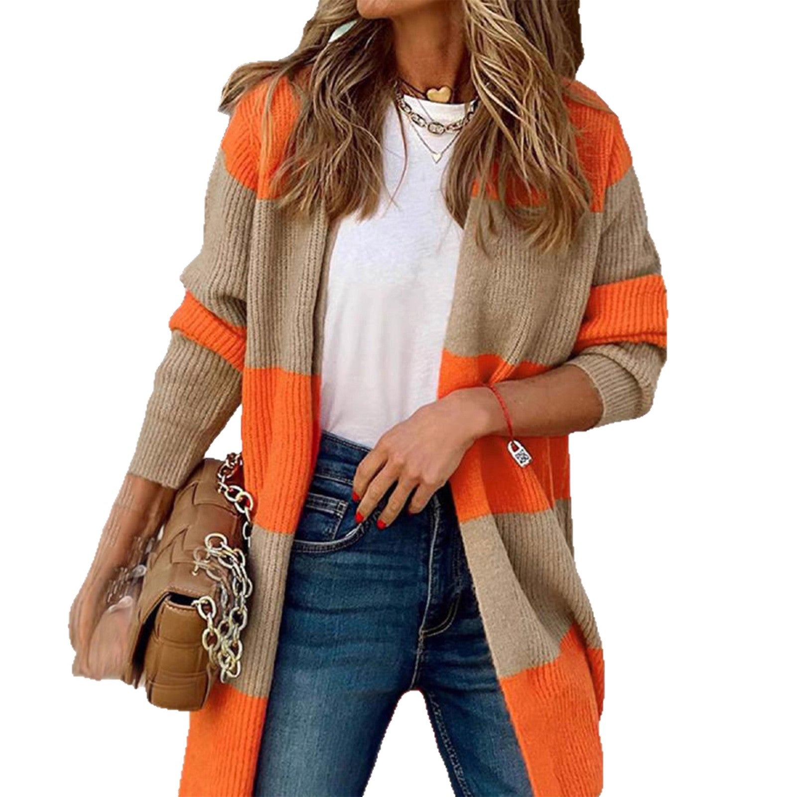 Damen langärmeliger Strickcardigan mit modischem Blockstreifen Sovae