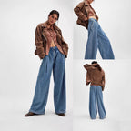 Damen Weite High-Waist Jeans mit Falten Sovae