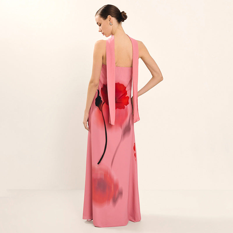 Damen elegantes Maxikleid mit floralem Druck und festlichem Schalkragen Sovae