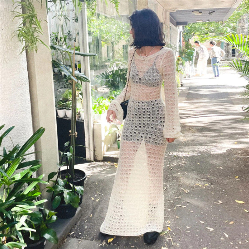 Damen Transparente Maxikleid mit strukturiertem Häkelmuster Sovae