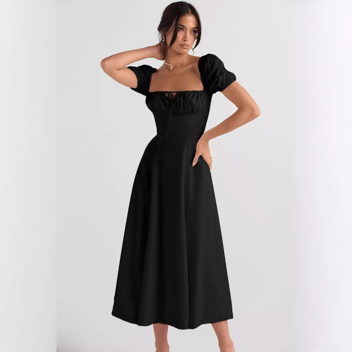 Damen Midi-Kleid mit Puffärmeln und verstellbarem Schnürdetail Sovae