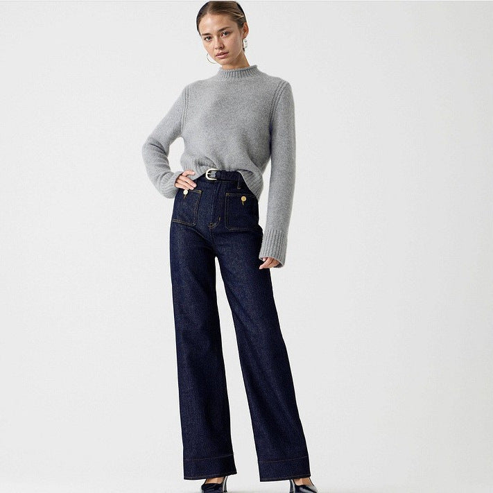 Damen Weit geschnittene Jeans mit hohem Bund und klassischen Taschen Sovae