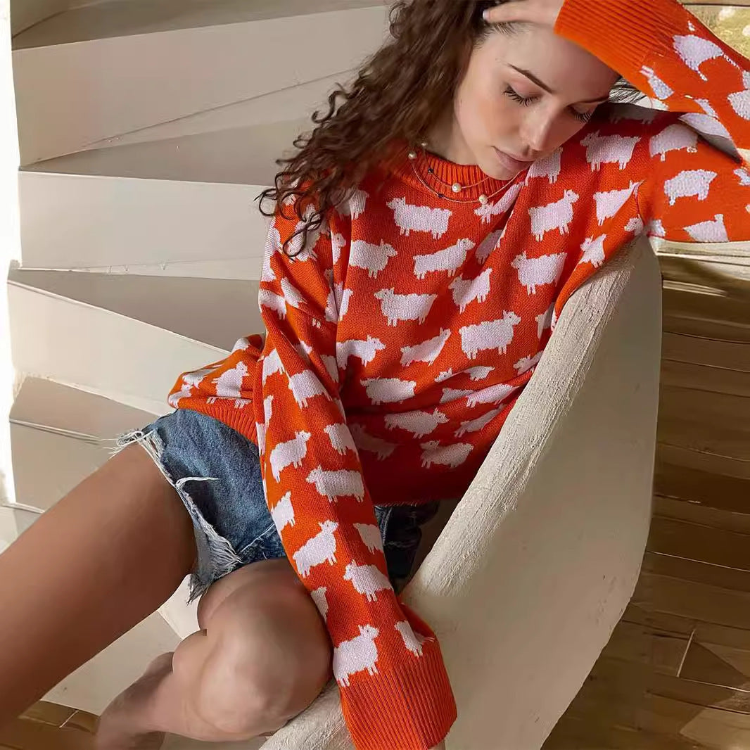 Damen Gemusterter Strickpullover mit Schafmotiven Sovae
