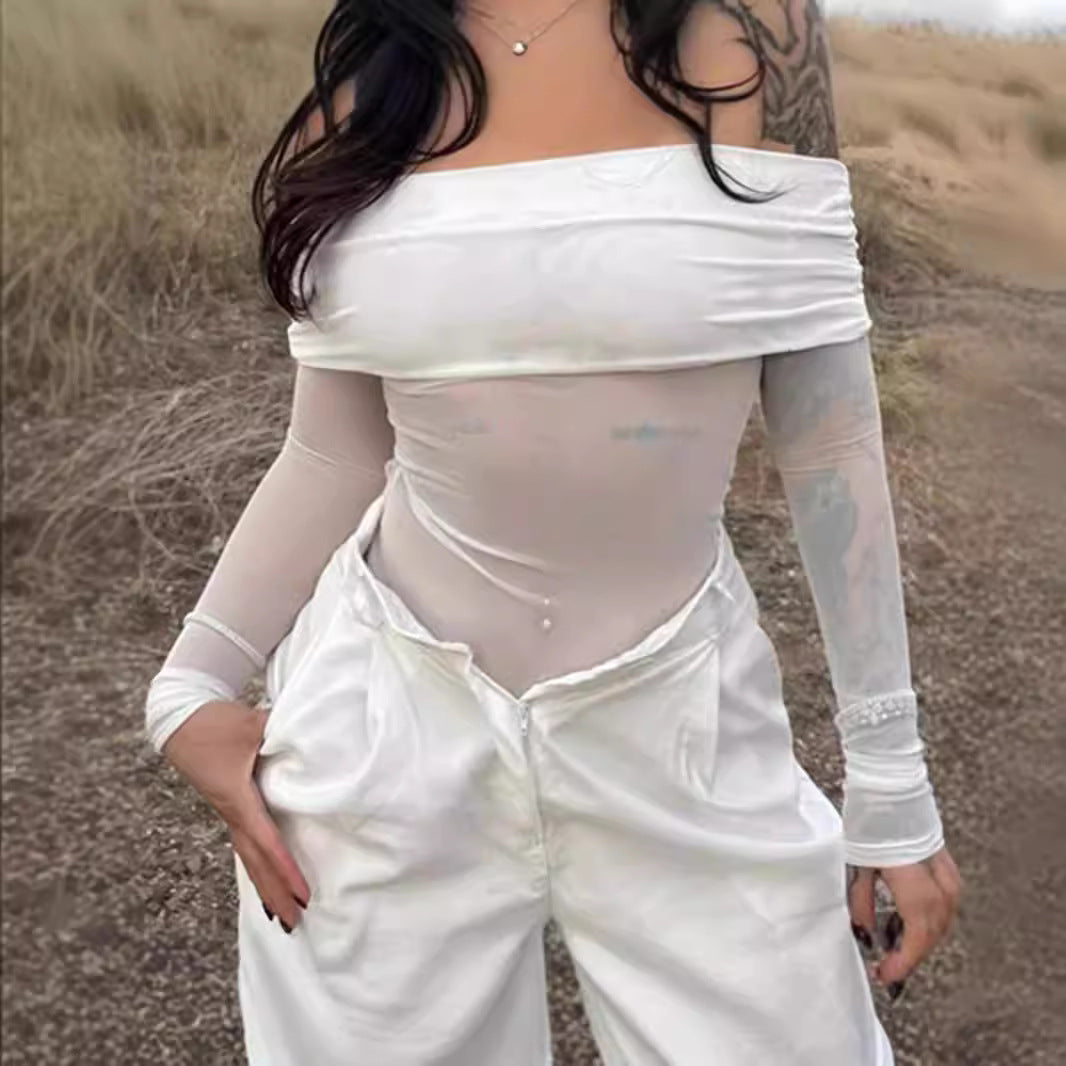 Damen Oberteil mit schulterfreiem Design und transparenten Ärmeln Sovae