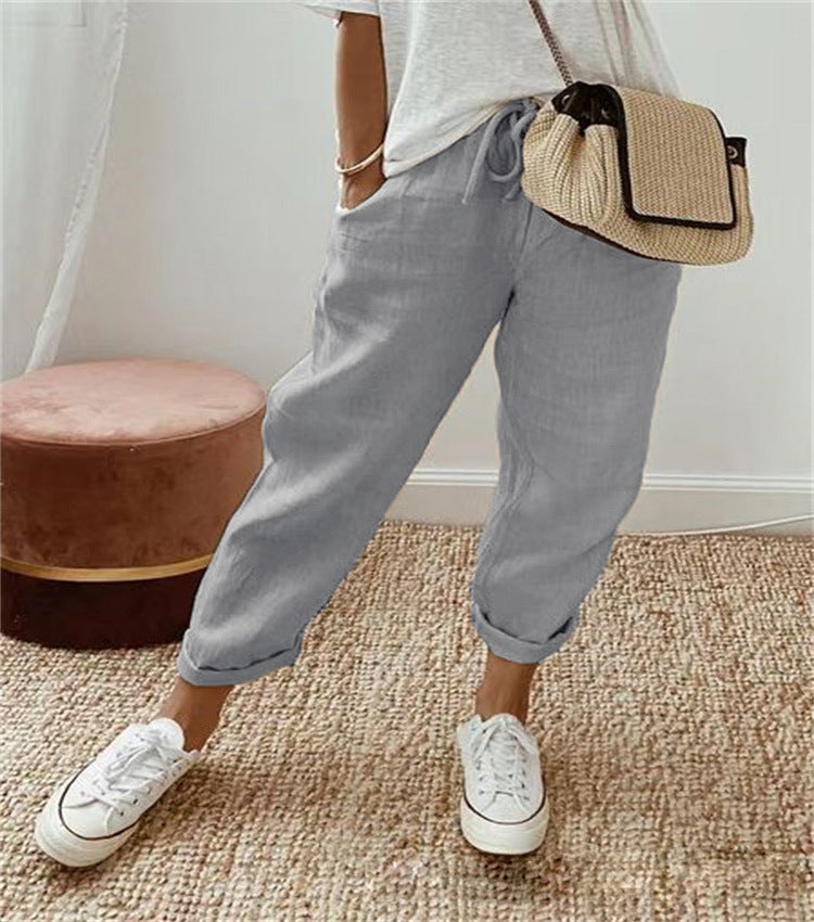 Damen bequeme Leinenhose mit elastischem Bund Sovae