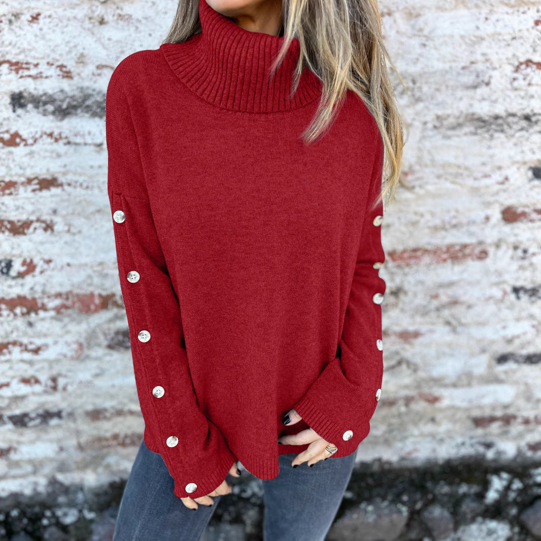 Damen hochschuliger Strickpullover mit Knopfdetails Sovae