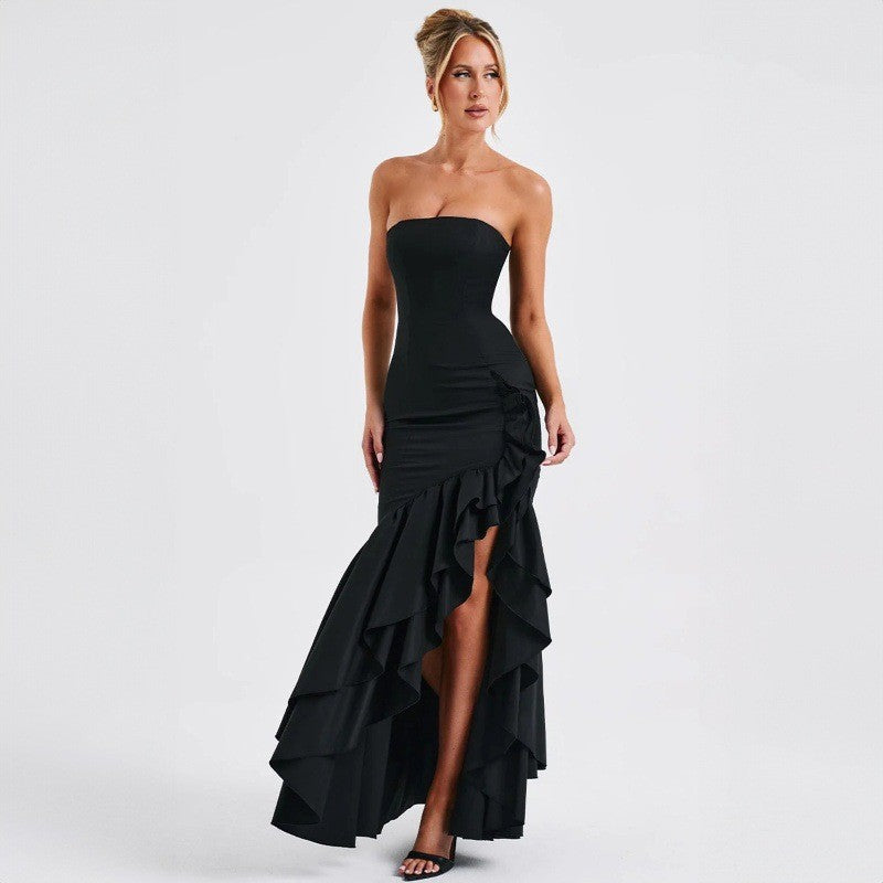 Damen Straploses Maxikleid mit voluminösem Rüschenrock und seitlichem Schlitz Sovae