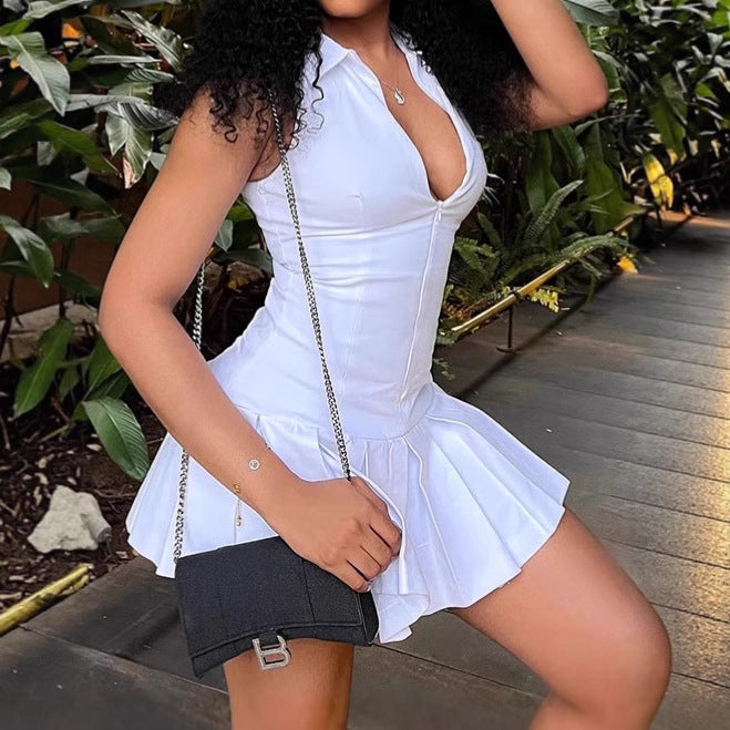 Damen Minikleid mit voluminösem Rock und tiefem V-Ausschnitt Sovae