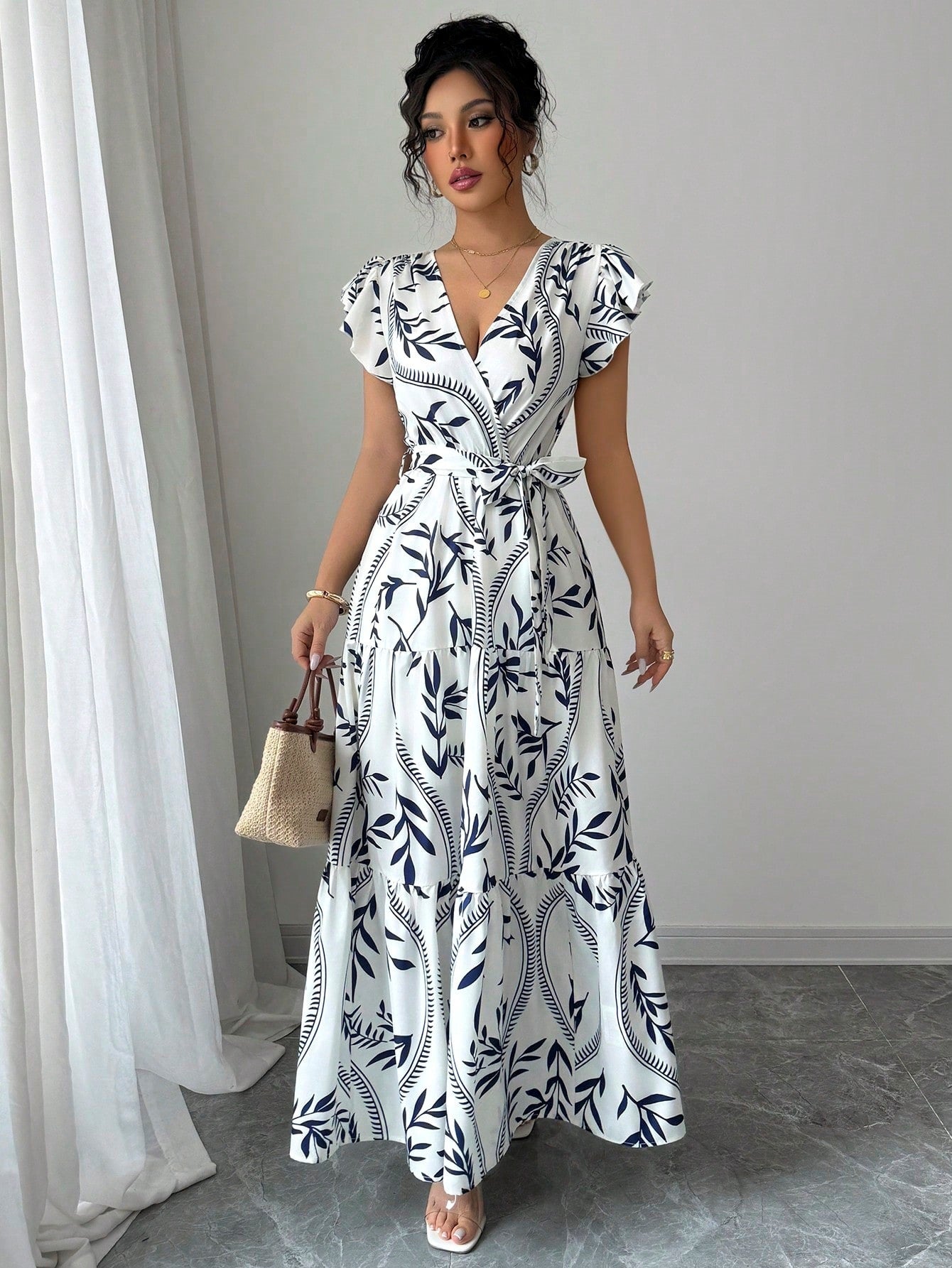 Damen Wickelmaxikleid mit floralen Mustern Sovae