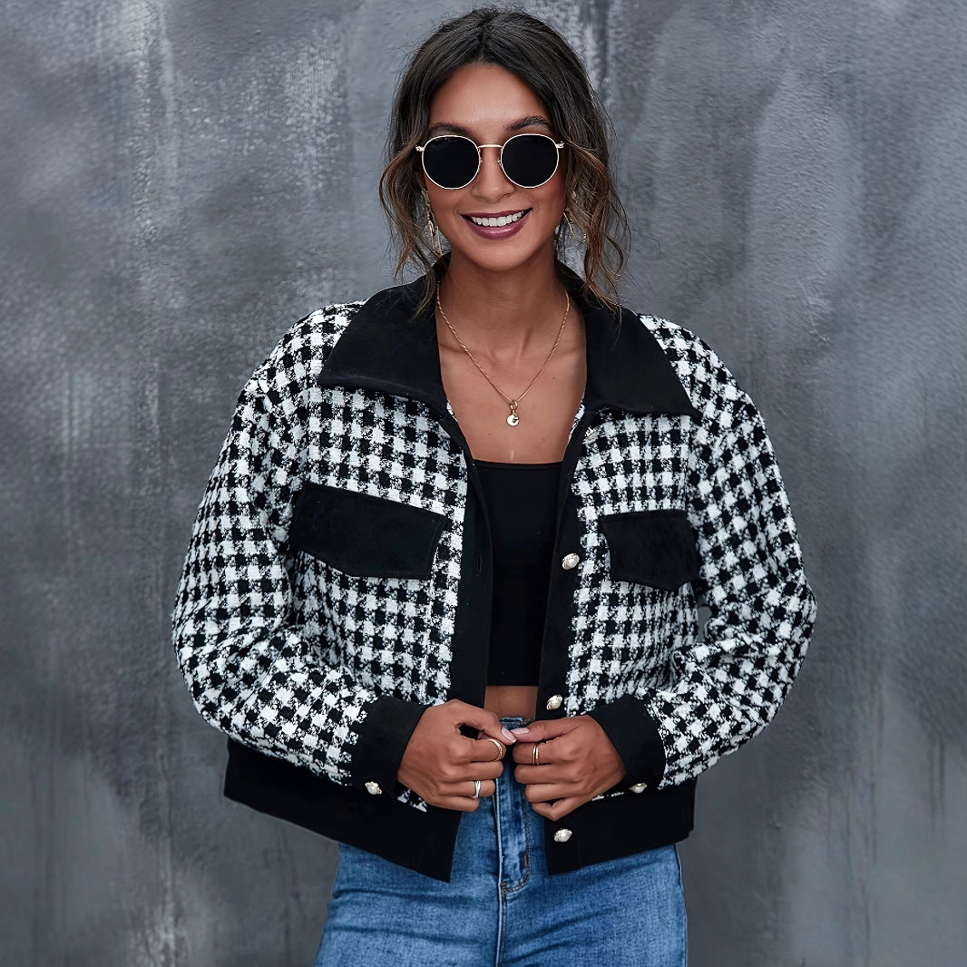 Damen gestepptes Karomuster-Jacke mit stylischen Detail Sovae
