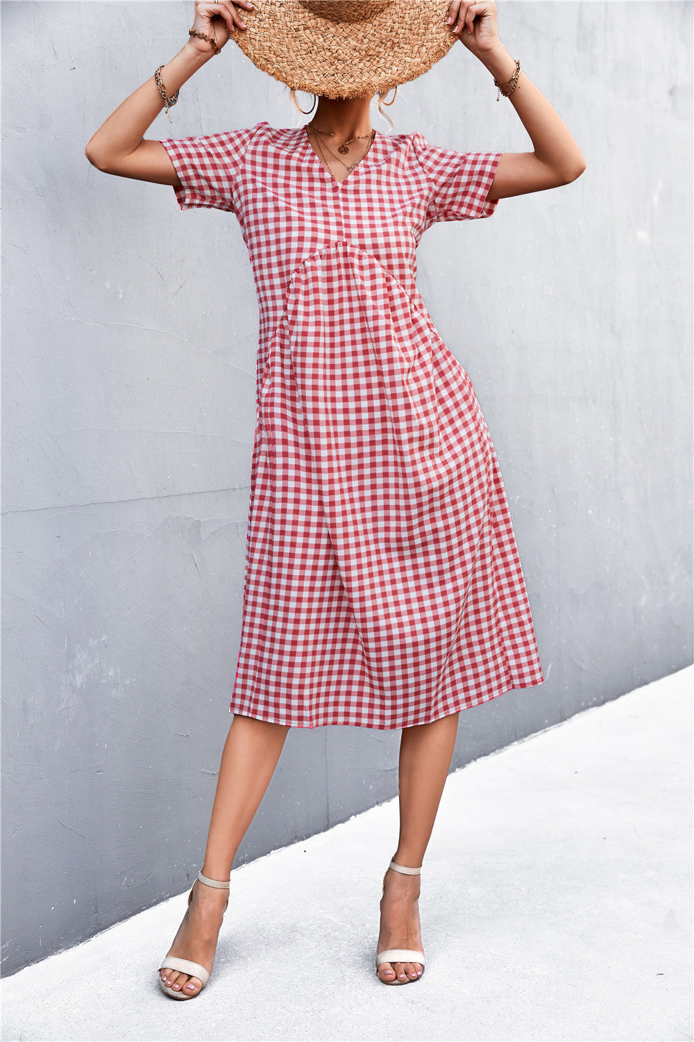 Damen V-Ausschnitt Midikleid mit kariertem Design und ausgestelltem Rock Sovae