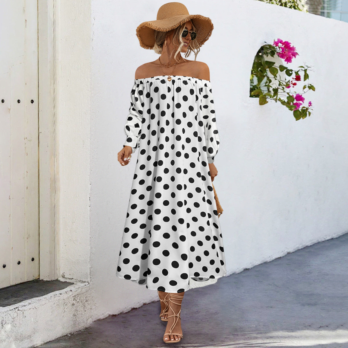 Damen Off-Shoulder Maxikleid mit Polka-Dots und elastischem Bund Sovae