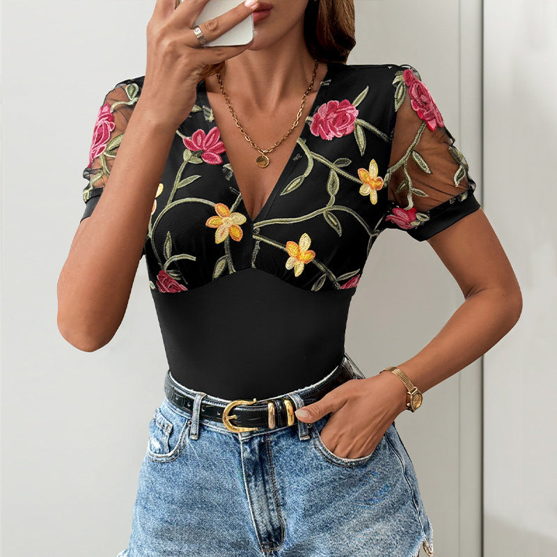 Damen Body mit floralem Spitzenbesatz und V-Ausschnitt Sovae