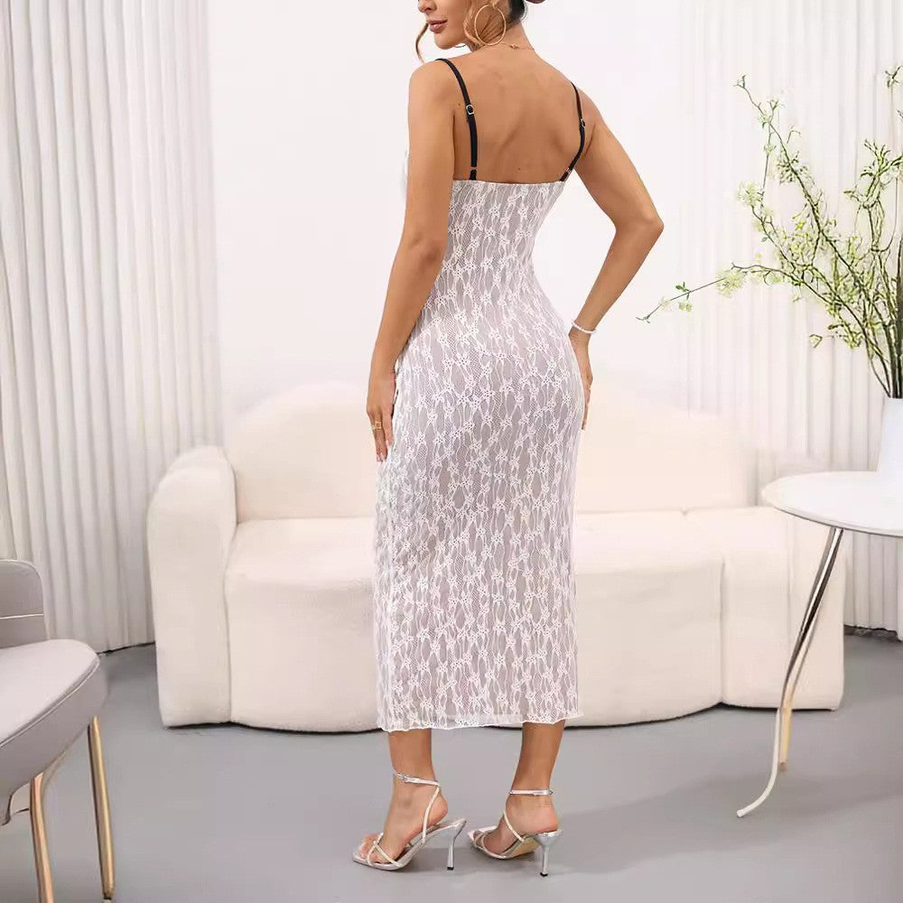 Damen Maxikleid aus zarter Spitze mit dekorativen Schnürdetails Sovae