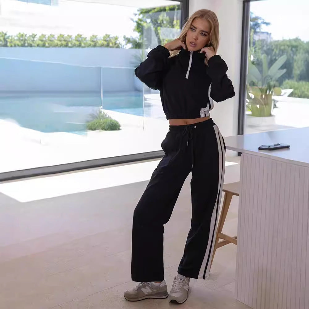 Damen lockeres Freizeit-Loungewear-Set mit hohem Kragen und Kängurutasche Sovae