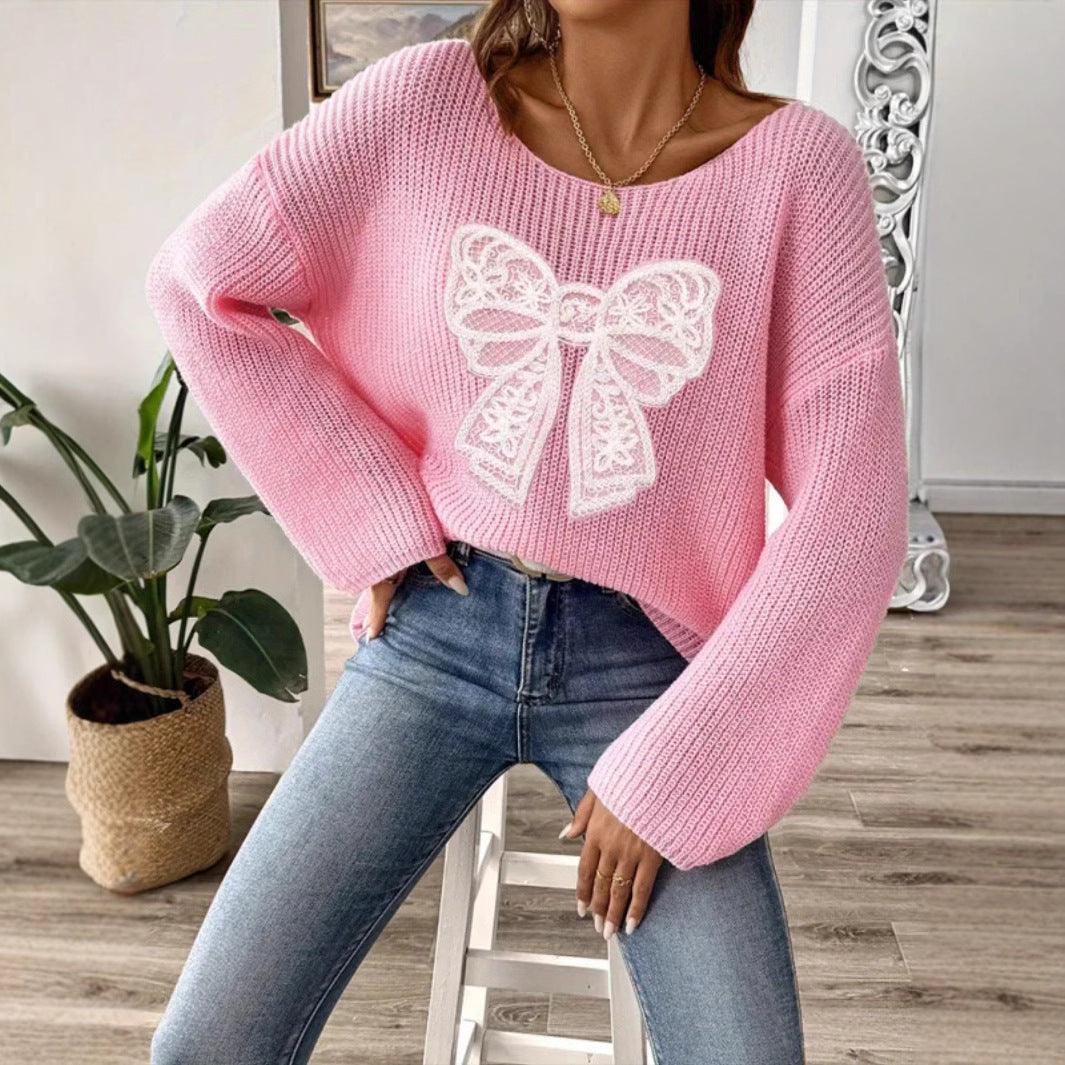 Damen Oversized Strickpullover mit romantischem Schleifenmotiv Sovae