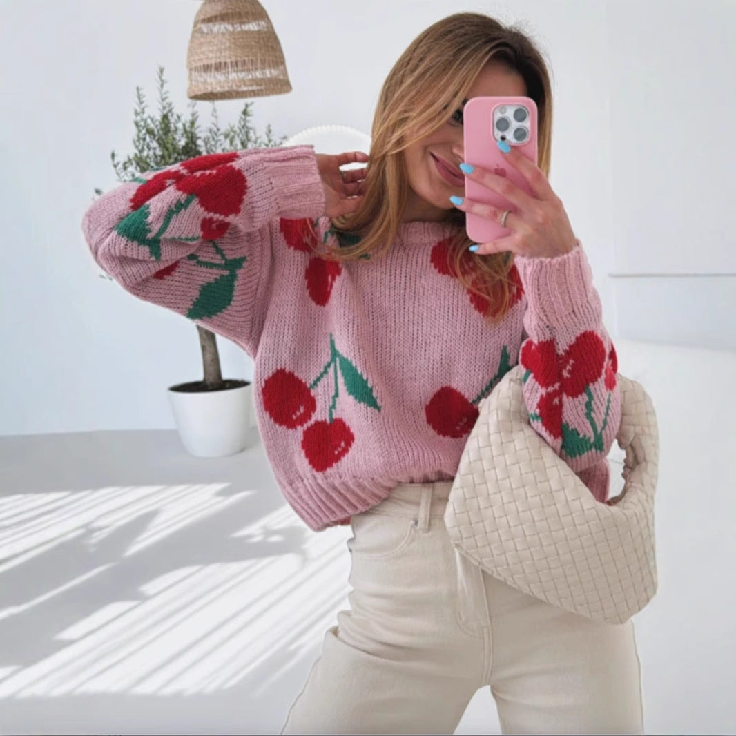 Damen lässiger Pullover mit fruchtigem Kirschmuster und weichem Strick Sovae