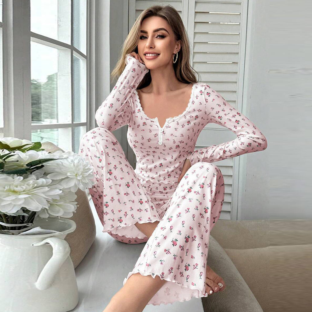 Damen Schlafanzug mit floralem Muster und feinen Rippdetails Sovae