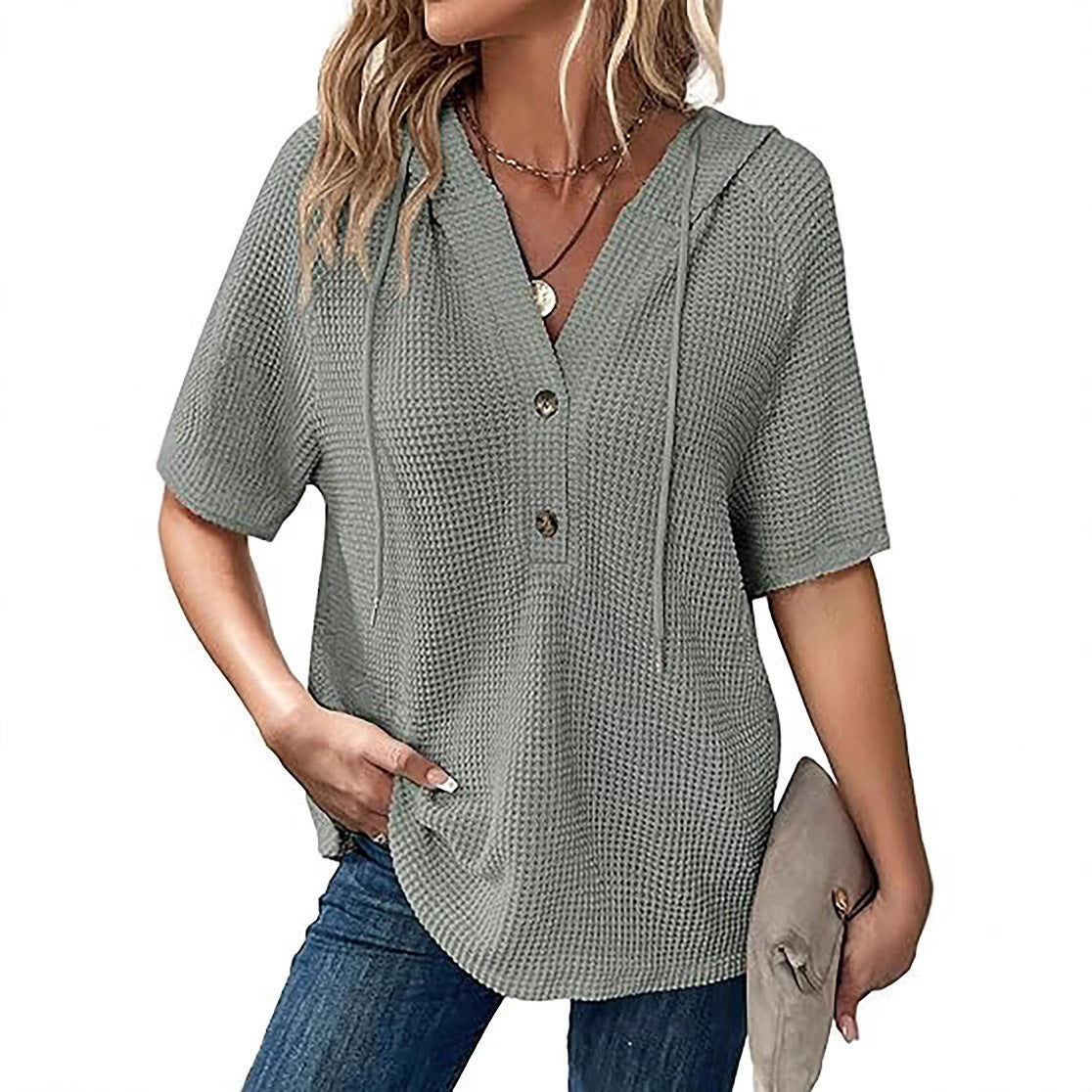 Damen lässiges Waffle-Hoodie mit Knopfleiste Sovae