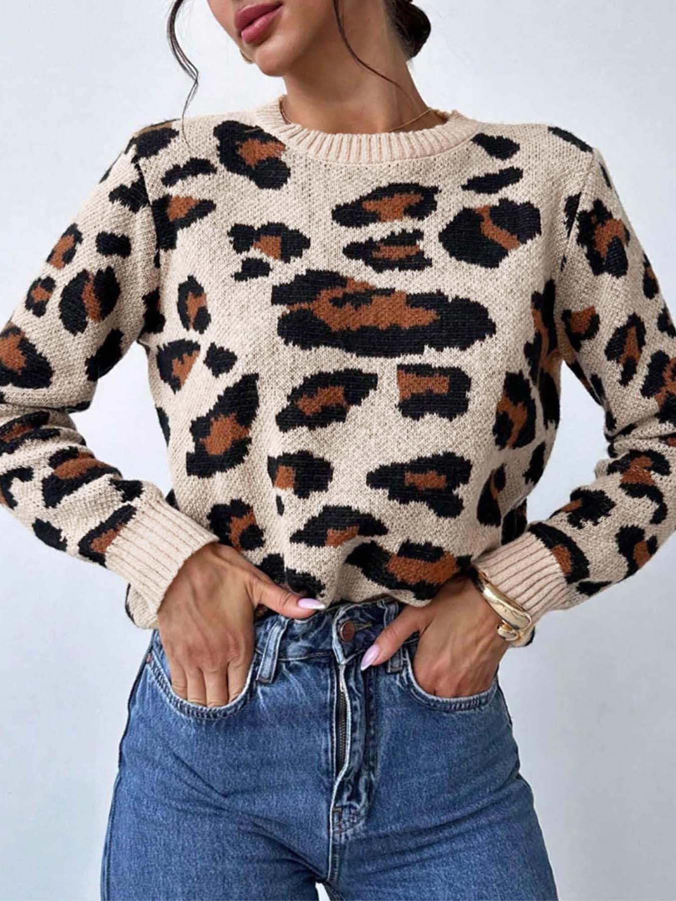 Damen kuscheliger Strickpullover mit Leopardenmuster und überschnittenen Schultern Sovae