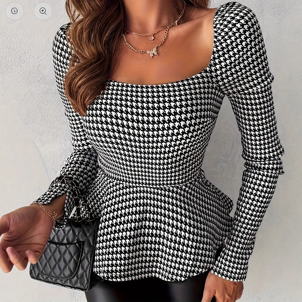 Damen Peplum-Oberteil mit Hahnentrittmuster Sovae