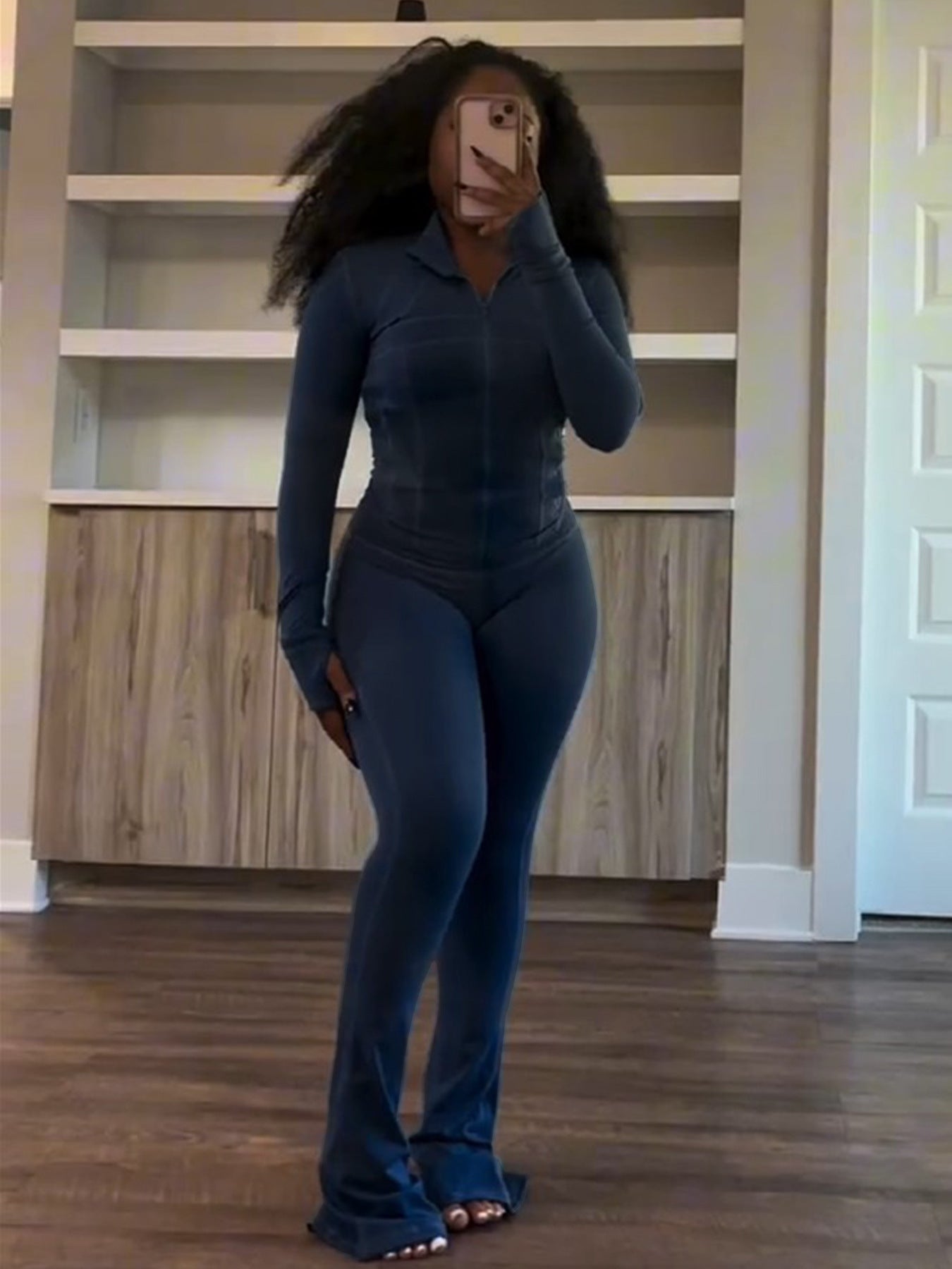 Damen trendiger Jumpsuit mit langem Arm und Reißverschluss Sovae