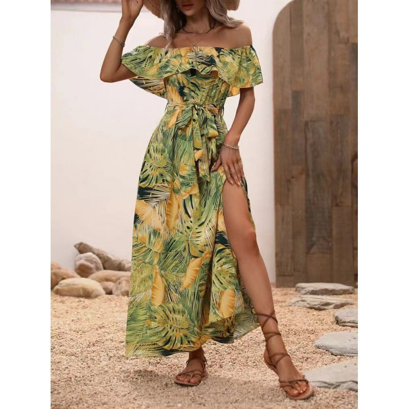 Damen Maxikleid mit Off-Shoulder-Ausschnitt und tiefem Schlitz Sovae