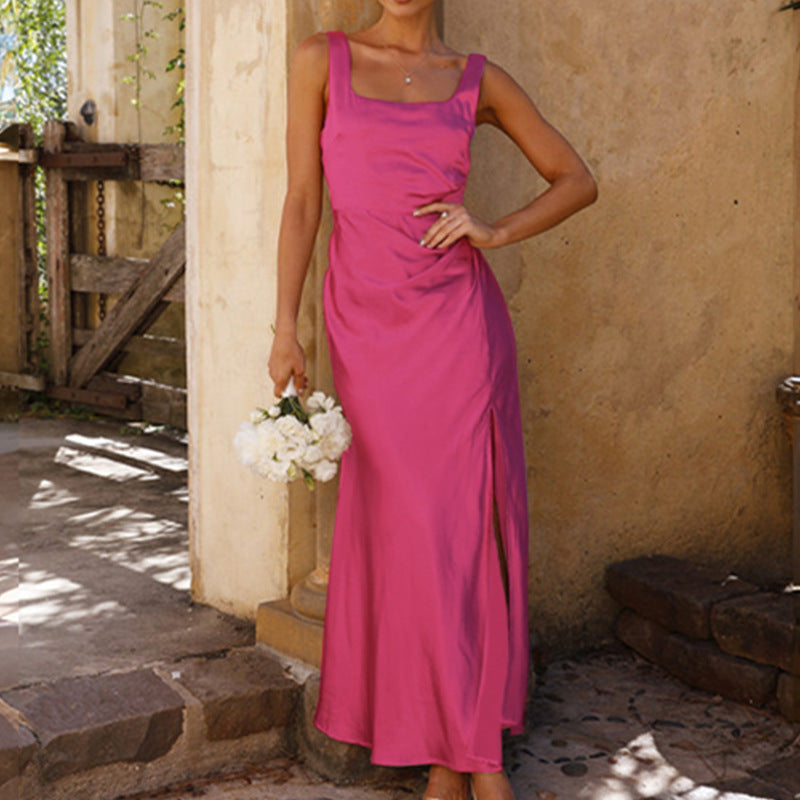 Damen elegantes Maxikleid mit seitlichem Schlitz und schmalen Trägern Sovae