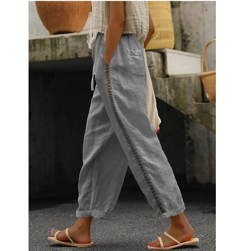 Damen Lockere Leinenhose mit seitlicher Knopfdetail Sovae