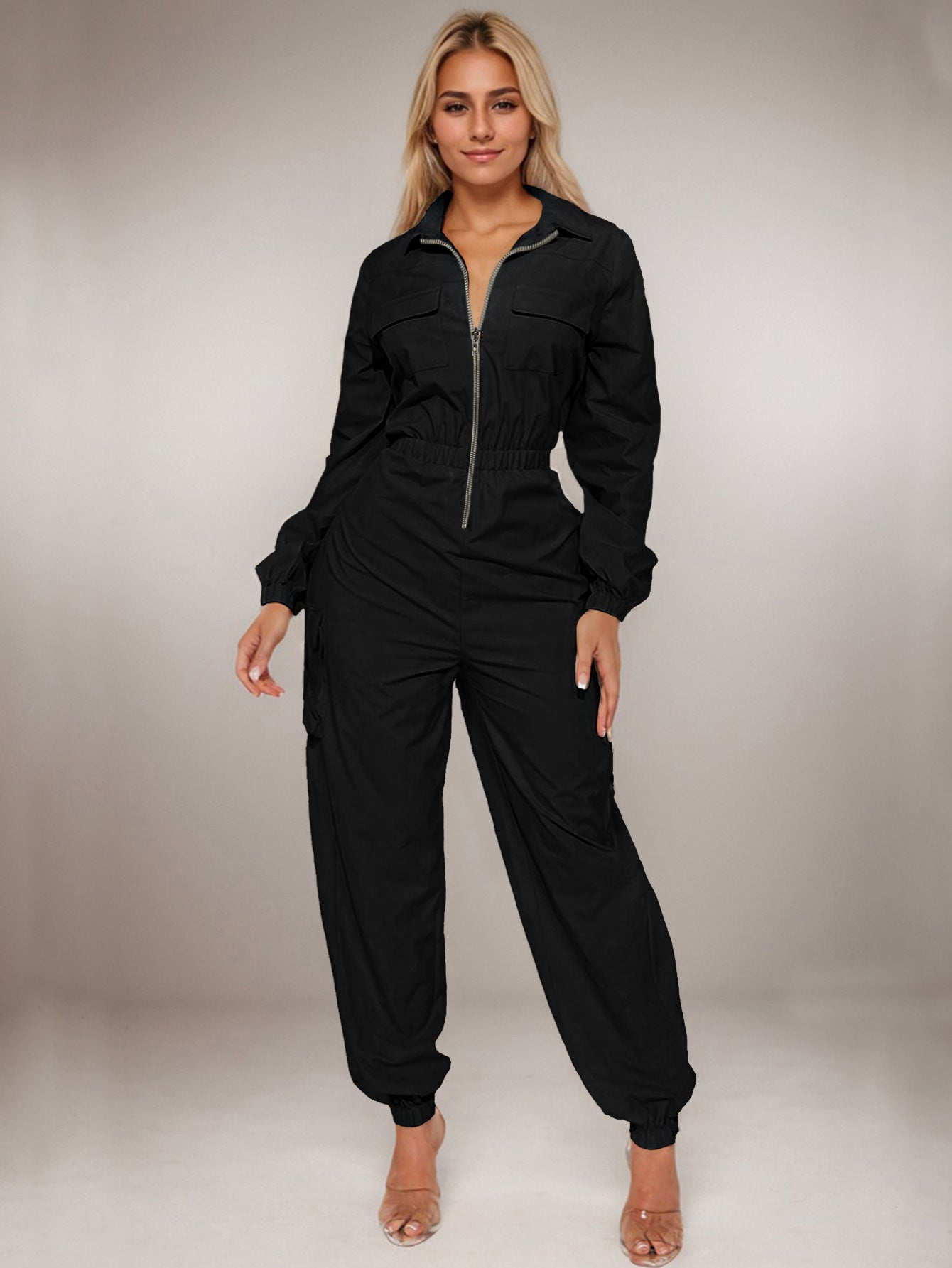 Damen Utility Jumpsuit mit Reißverschluss und Kordelzug Sovae
