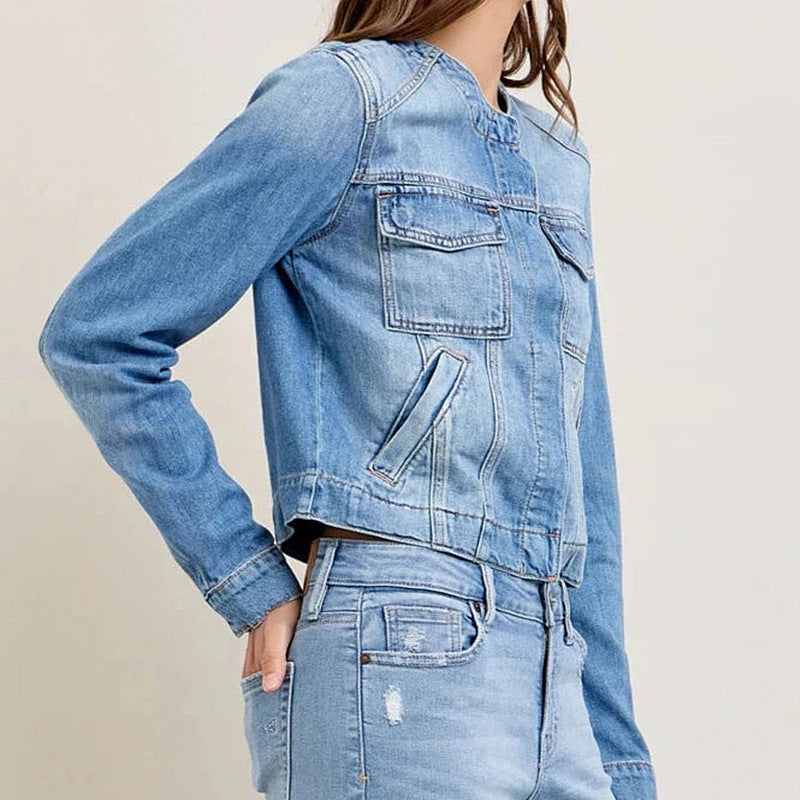 Damen cropped Jeansjacke mit klassischem Schnitt und praktischen Taschen Sovae
