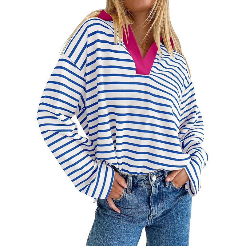 Damen Lässiger und modischer Pullover mit breiten Streifen und V-Ausschnitt Sovae