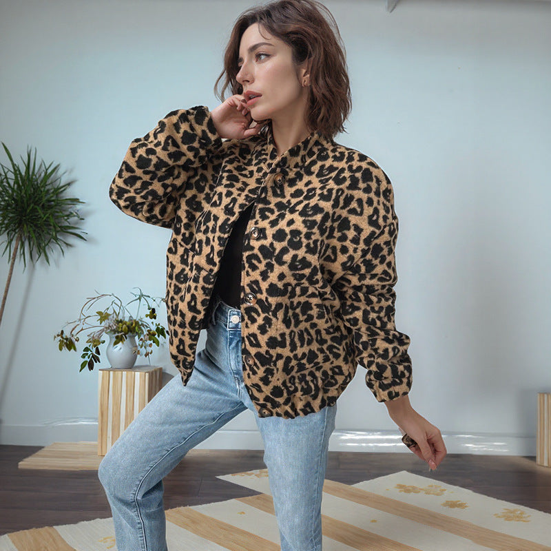 Damen trendige Fleecejacke mit Leopardenmuster Sovae