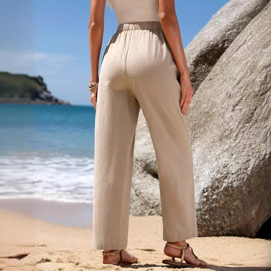 Damen weite Leinenhose mit elastischem Bund und Taschen Sovae