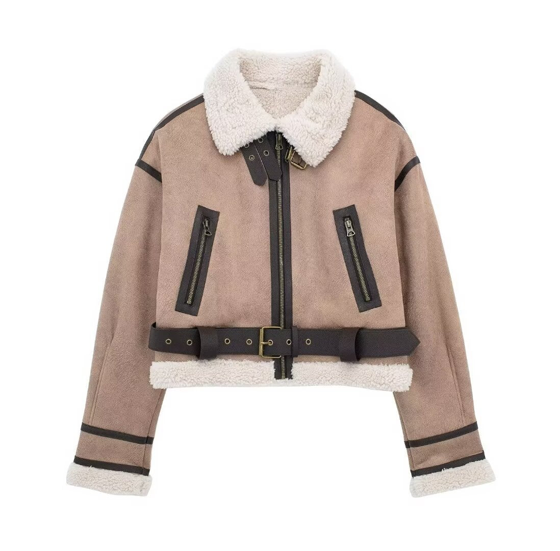 Damen modische Kurzjacke mit Schurwollkragen und Reißverschlusstaschen Sovae