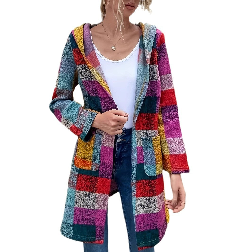 Damen farbenfrohe Strickjacke mit Kapuze Sovae