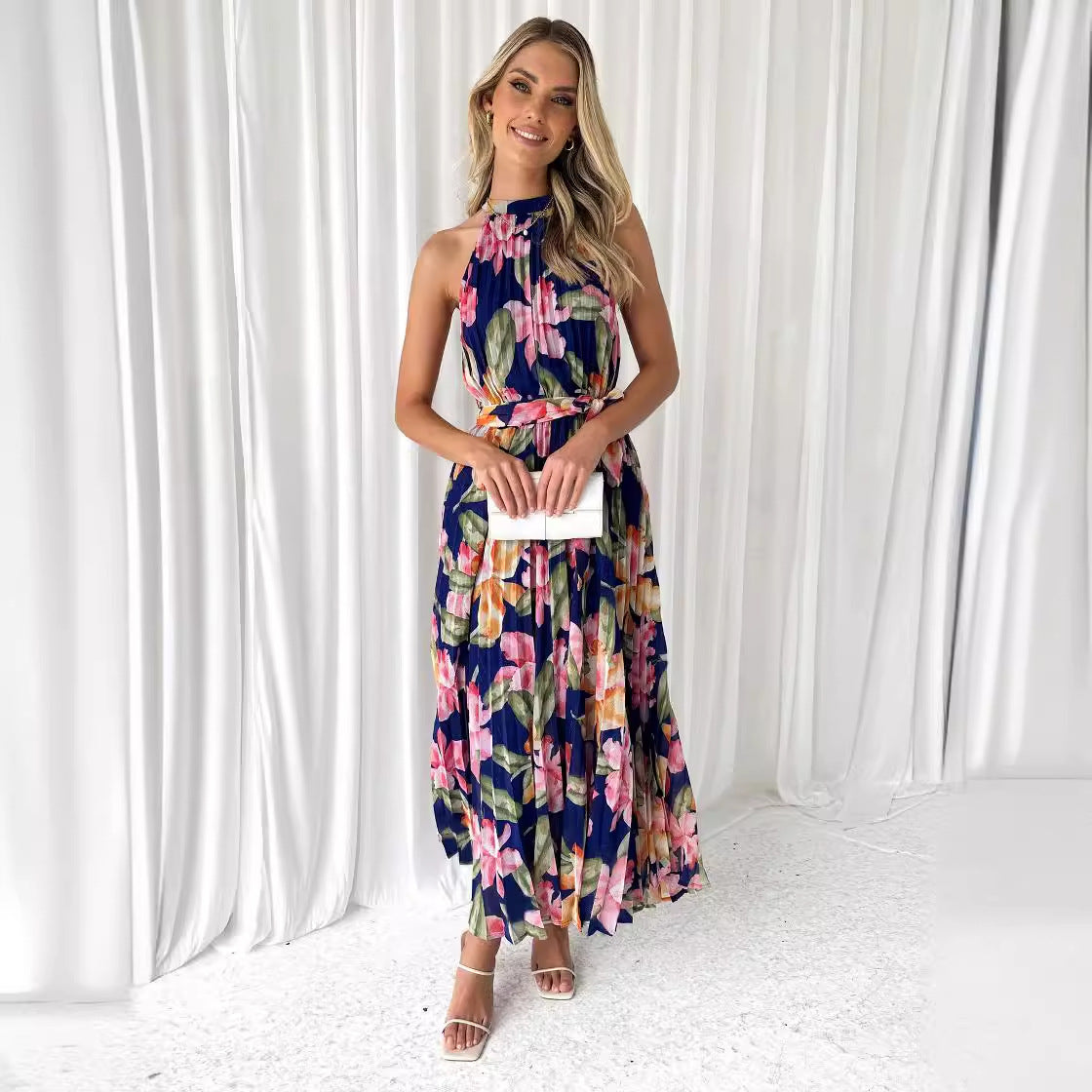 Damen florales Maxikleid mit halbem Kragen und Taillengürtel Sovae