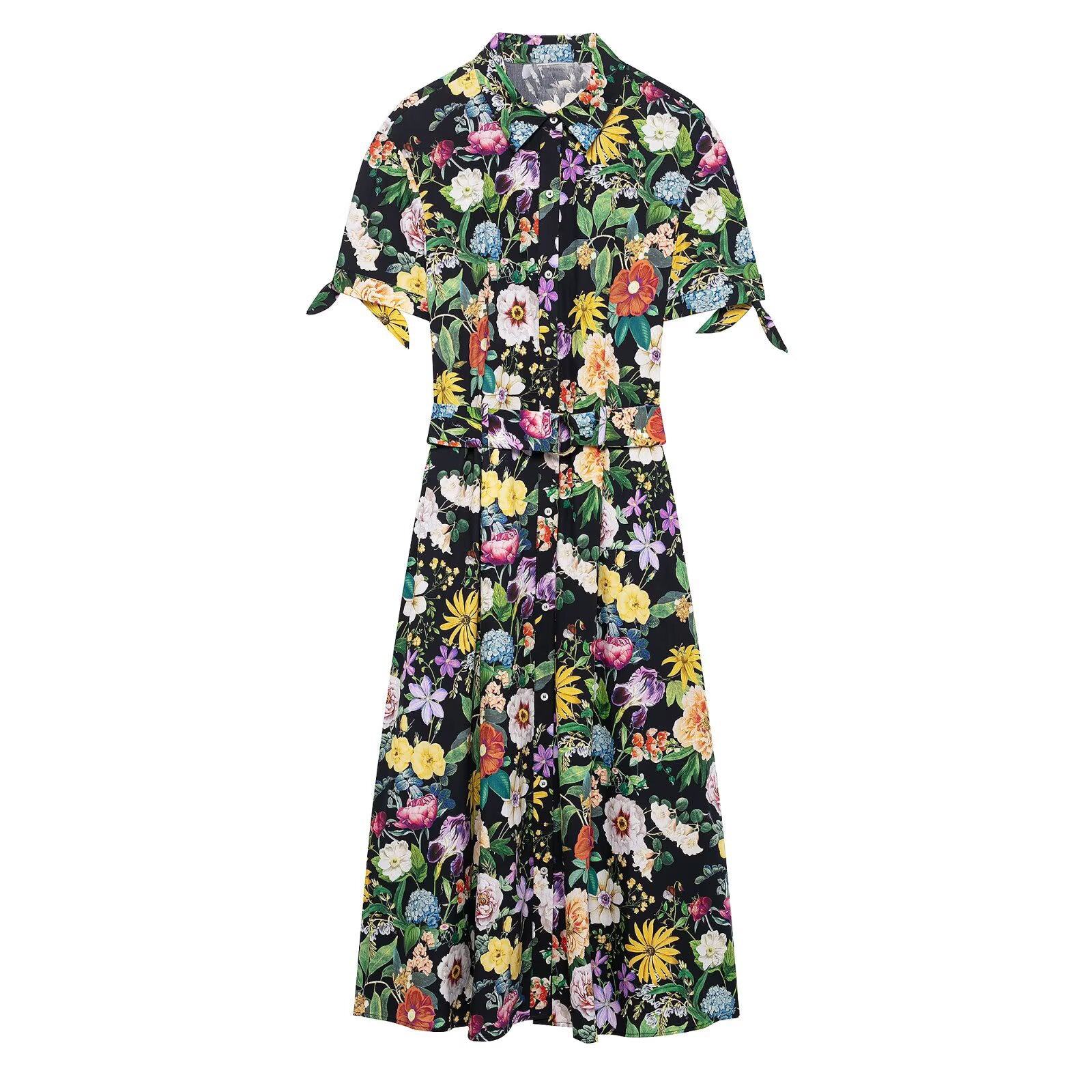 Damen florales Midikleid mit elegantem Kragen und Taillengürtel Sovae