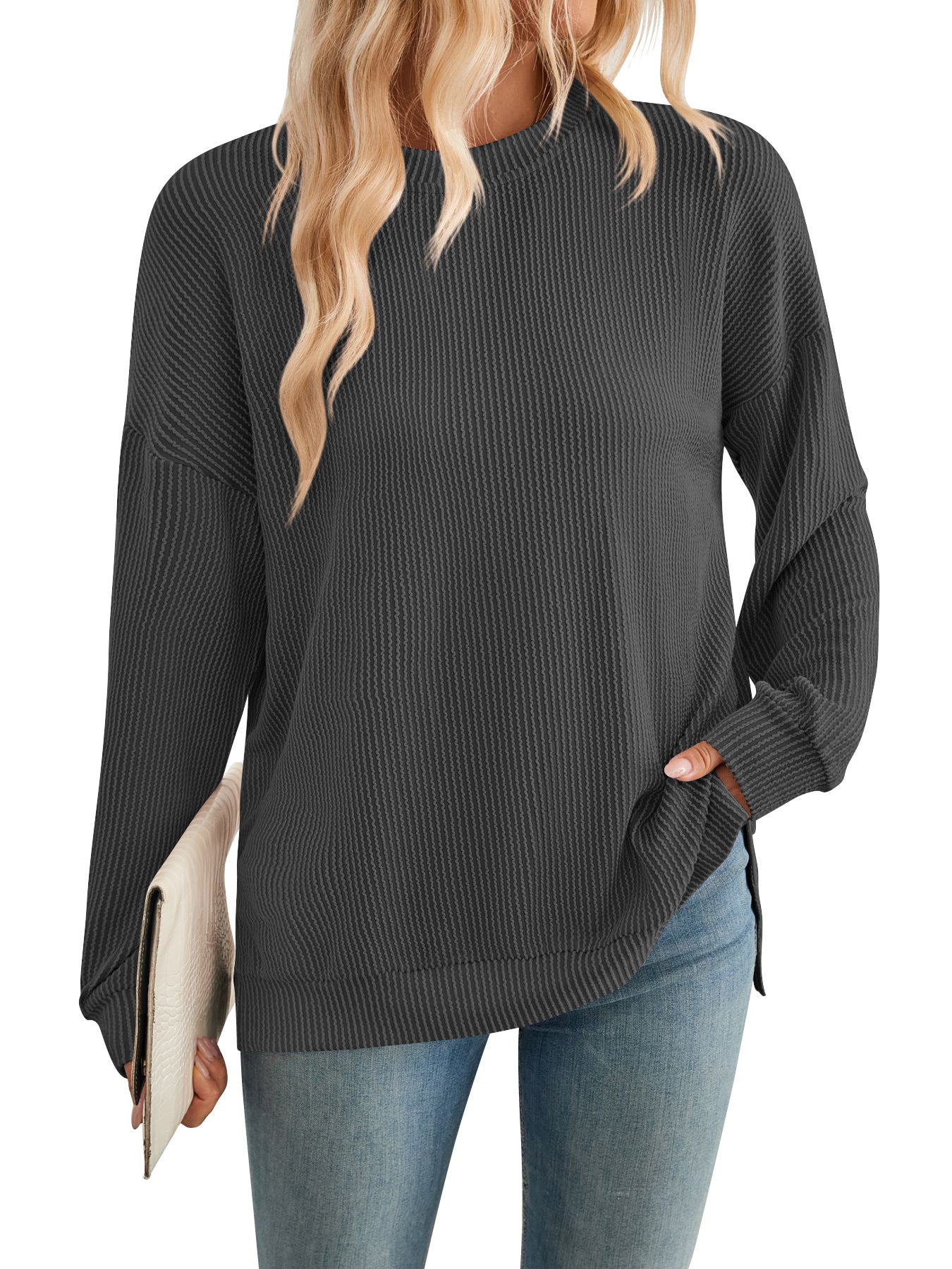 Damen lässiger Rippstrickpullover mit überschnittenen Schultern und Seitenschlitzen Sovae