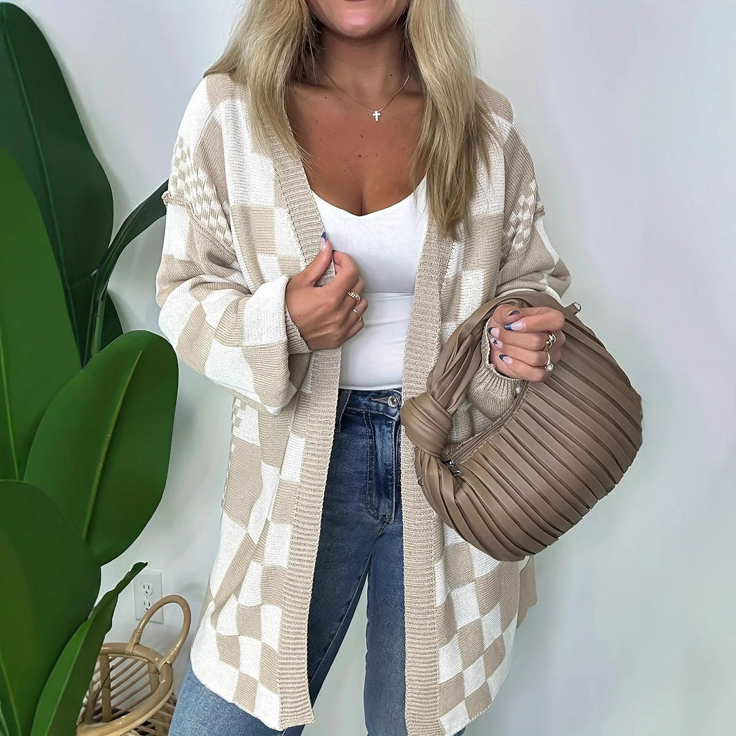 Damen Oversize Strickjacke mit Karomuster Sovae