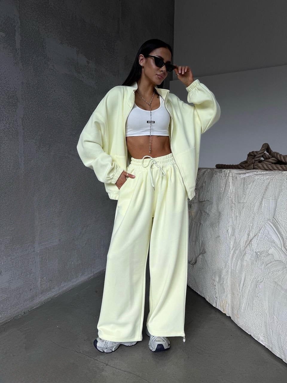 Damen Oversized lässiger Sportanzug mit Reißverschluss und elastischer Taille Sovae