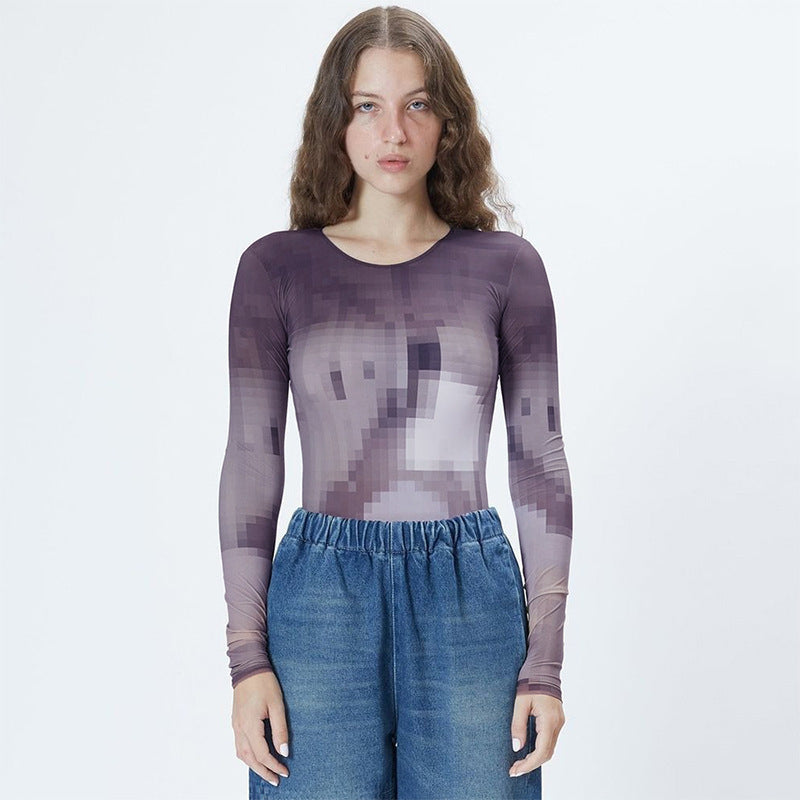 Damen Langärmeliger Bodysuit mit pixeliertem Design Sovae