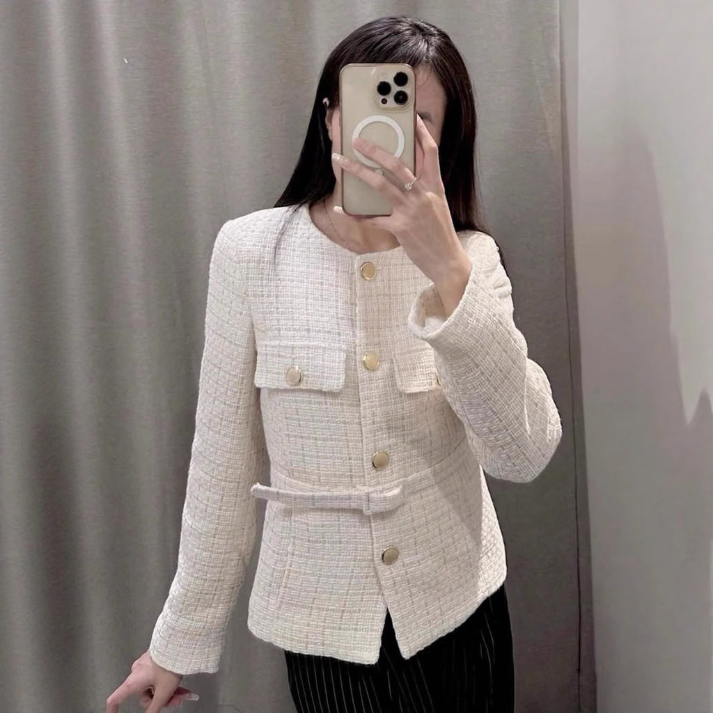 Damen elegante Tweed-Jacke mit doppelter Knopfleiste und praktischen Taschen Sovae