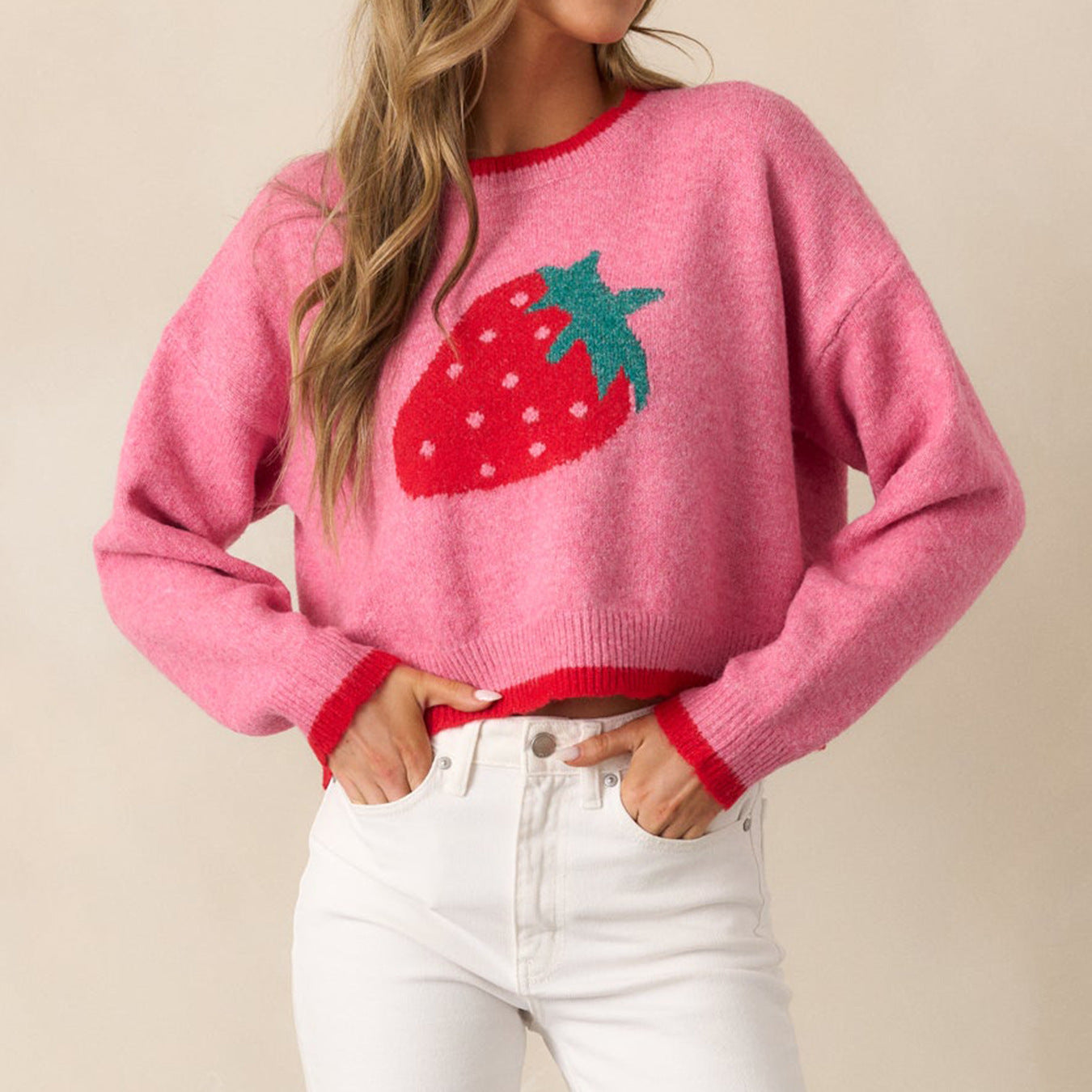 Damen trendiger Pullover mit Erdbeer-Motiv und Kontrastbündchen Sovae