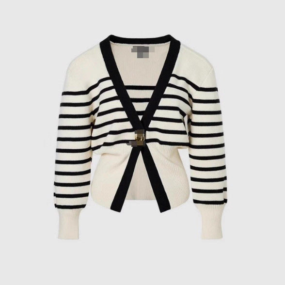 Damen elegante Strickjacke mit tiefem V-Ausschnitt und Knopfdetail Sovae