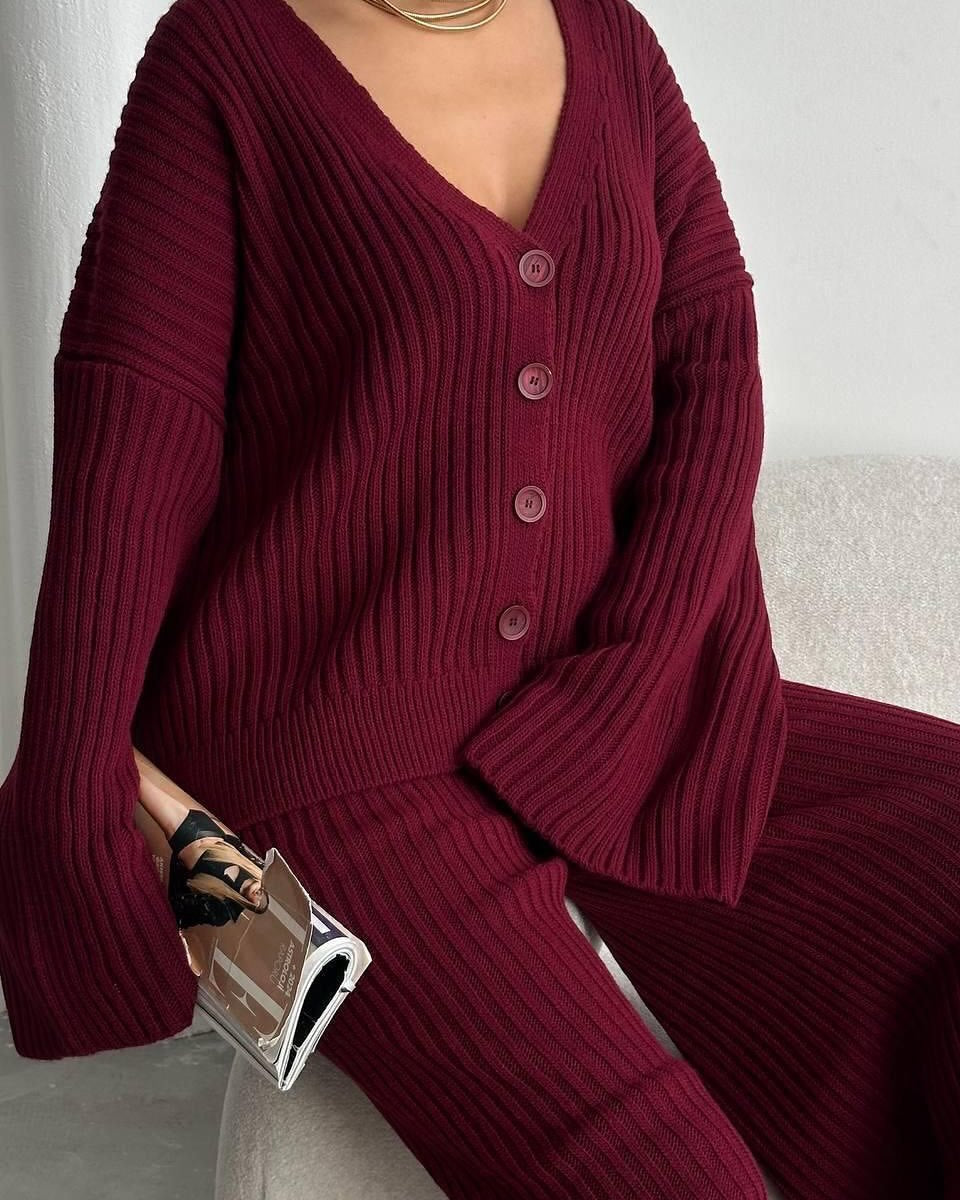 Damen lässiges Strick-Loungewear-Set mit Knopfleiste und weitem Schnitt Sovae